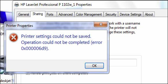 Báo lỗi khi dùng Printer Properties
