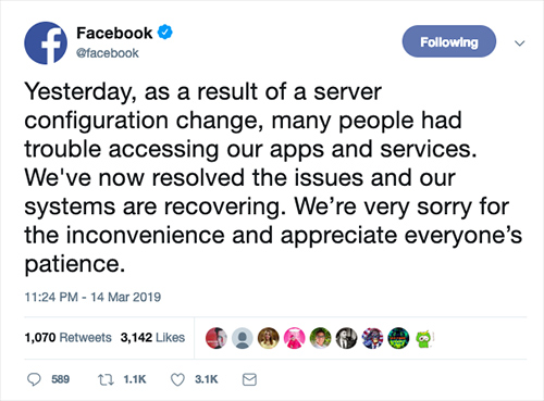 Facebook xin lỗi và thừa nhận sự cố trên Twitter