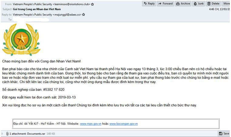 Hình ảnh tệp tin chứa mã độc tống tiền GandCrab 5.2 được phát tán qua thư điện tử giả mạo Bộ Công an Việt Nam