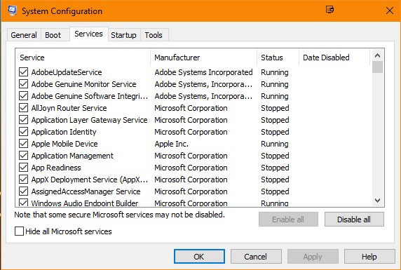 Các dịch vụ nằm bên trong "msconfig" chạy kèm khi khởi động