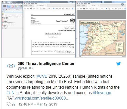 Các nhà nghiên cứu bảo mật từ Trung tâm tình báo đe dọa 360 (360 Threat Intelligence Center) của Microsoft đã phát hiện ra các hành vi khai thác lỗ hổng WinRAR này trong tự nhiên vào ngày 20 tháng 2