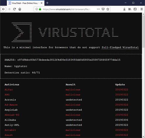 Ảnh ví dụ về trang kết quả quét của VirusTotal khi sử dụng giao diện mới:
