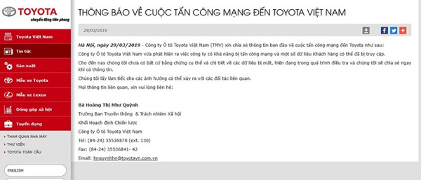 Thông báo của Toyota Việt Nam