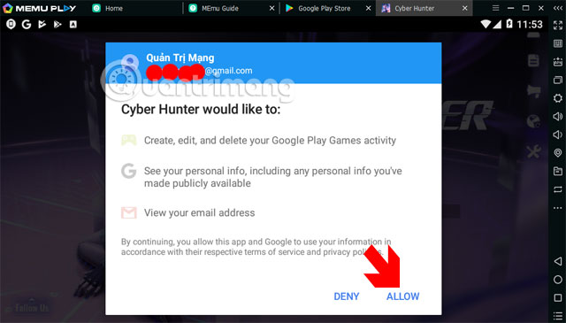 Đồng ý cho Cyber Hunter truy cập tài khoản