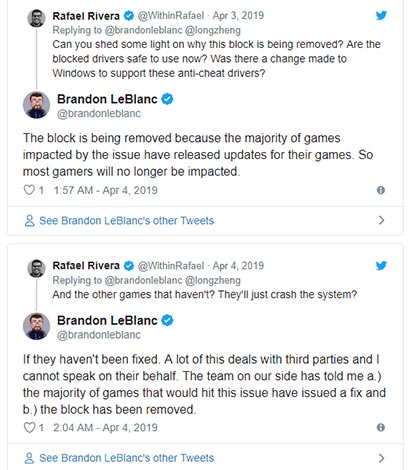 Microsoft cũng đã tiến hành xóa một block mà họ đưa ra để ngăn Windows Insiders tải xuống các bản dựng có thể dẫn đến hiện tượng xung đột với phần mềm chống gian lận.