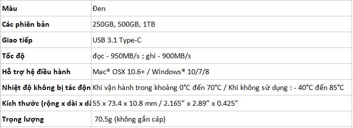 Thông tin chi tiết về thông số của ổ SSD di động SSD Lexar SL100 Pro
