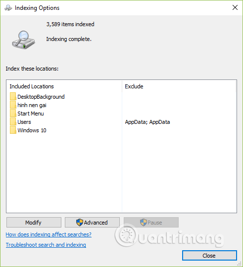 Hộp thoại Indexing Options