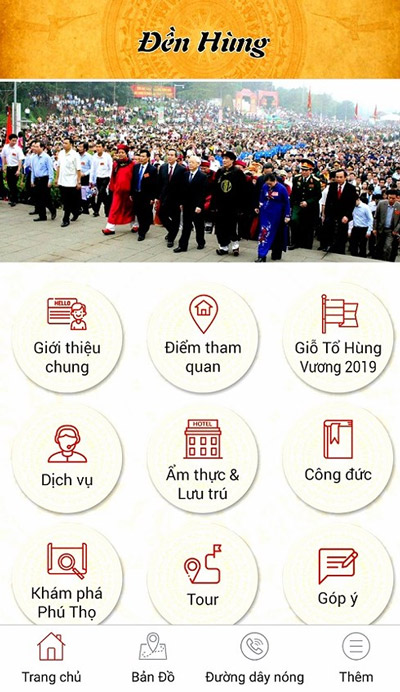 Giao diện chính của ứng dụng Đền Hùng
