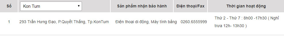 Các trung tâm bảo hành của Samsung tại Kon Tum