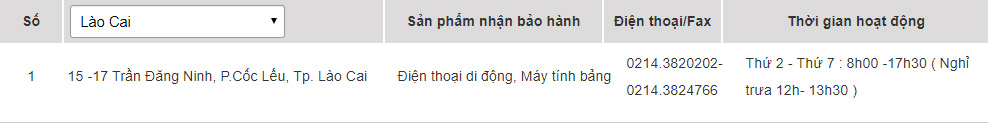 Các trung tâm bảo hành của Samsung tại Lào Cai