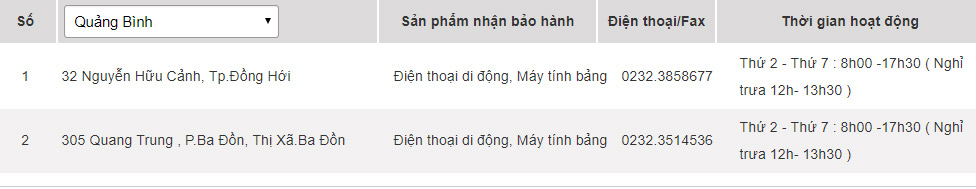 Các trung tâm bảo hành của Samsung tại Quảng Bình