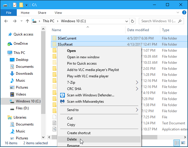 Xóa thư mục $GetCurrent và $SysReset