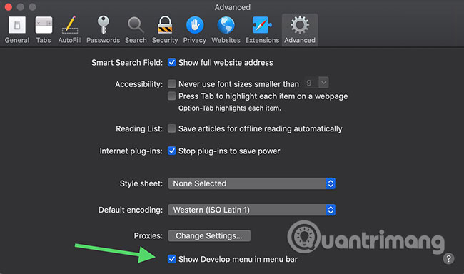 Đánh dấu vào tùy chọn Show Develop menu in menu bar