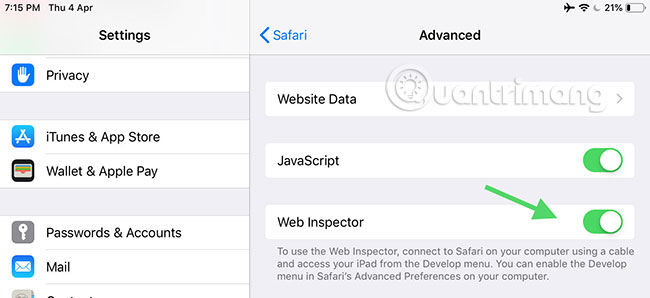 Kích hoạt Web Inspector