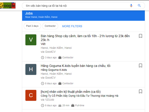 Tìm việc làm nhanh trên Google