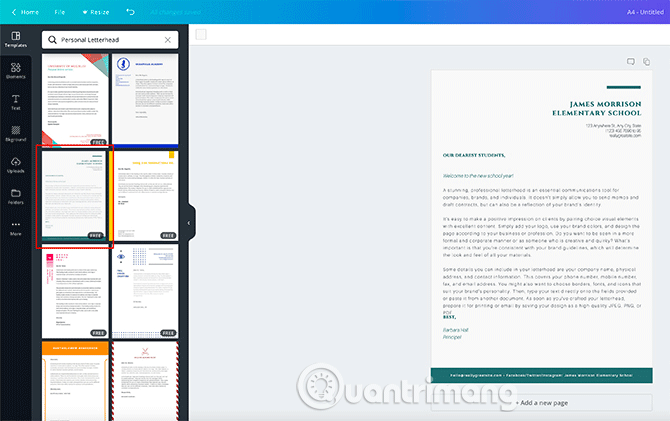 Click vào tùy chọn Personal Letterhead