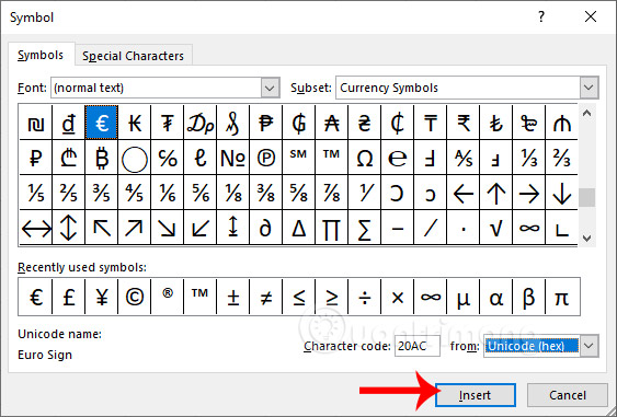 Cách chèn ký tự đặc biệt trong Excel