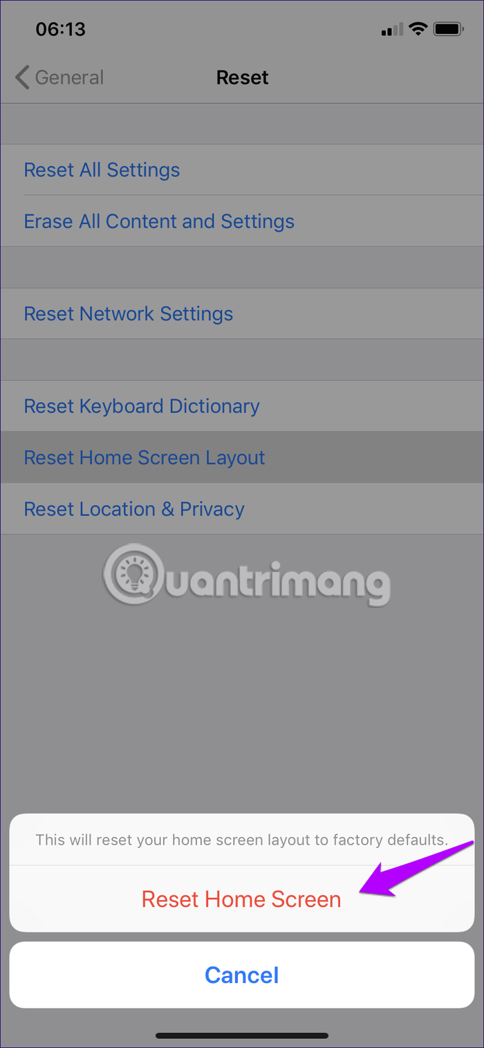 Chạm vào Reset Home Screen một lần nữa