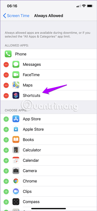 Shortcuts trong danh sách Always Allowed
