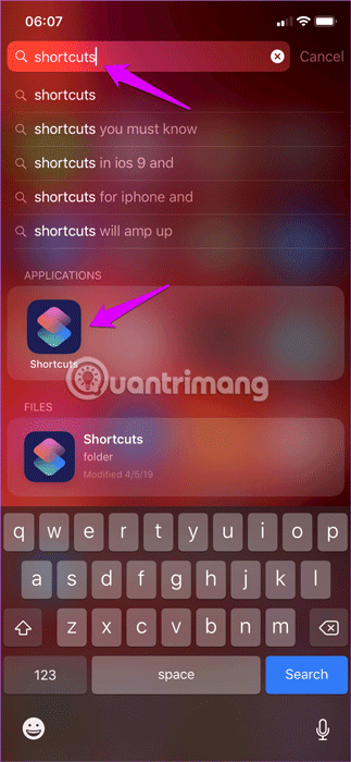 Tìm khiếm shortcuts trên Siri