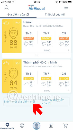 Thêm thành phố mới AirVisual