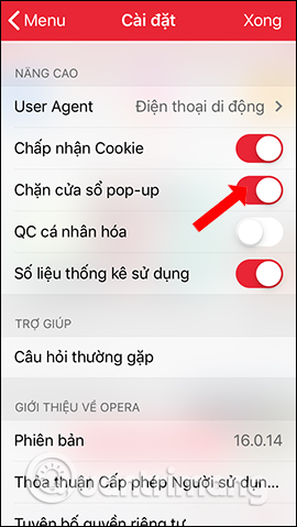 Bật chặn pop-up trên Opera