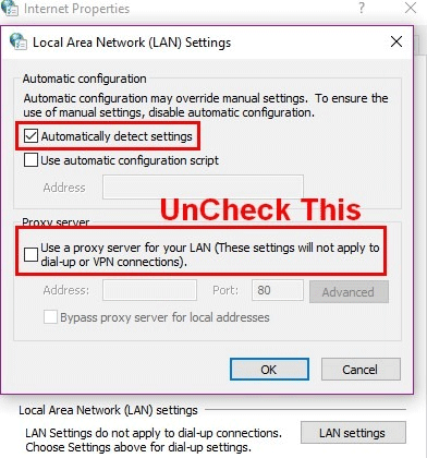 Chọn hộp Automatically detect settings