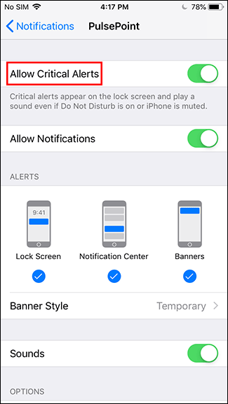 Bật tùy chọn Allow Critical Alerts