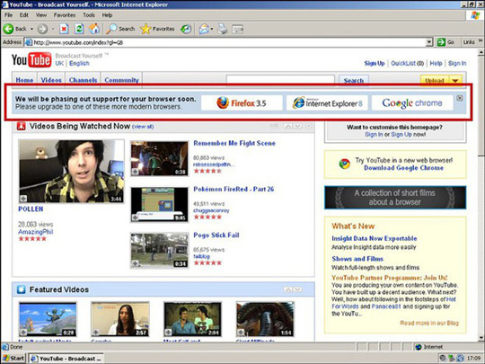 Banner khuyến khích người dùng IE6 chuyển sang các trình duyệt mới hơn trên YouTube