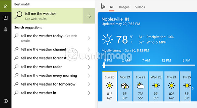 Thông tin trên ứng dụng desktop của Cortana