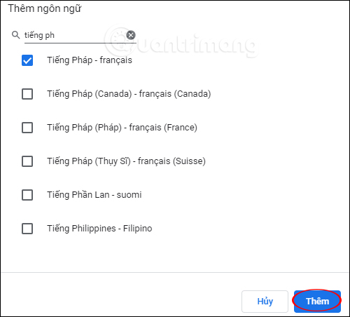 Chọn ngôn ngữ muốn thêm 