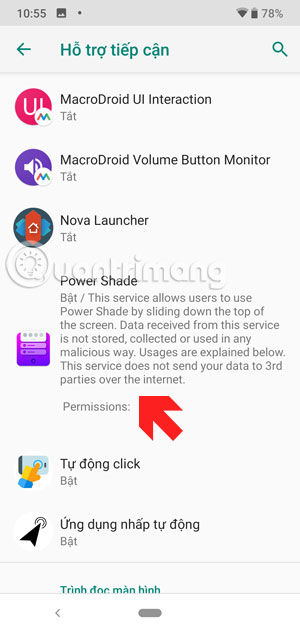 Menu Hỗ trợ tiếp cận Power Shade
