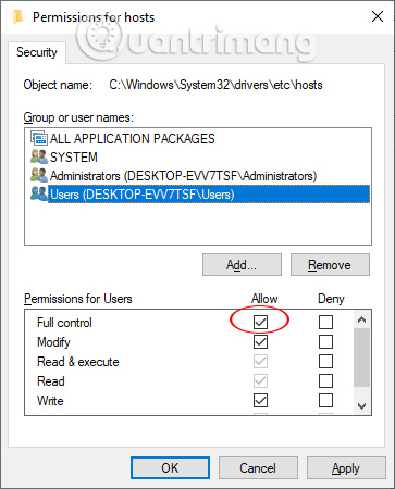 Cho phép sửa file host