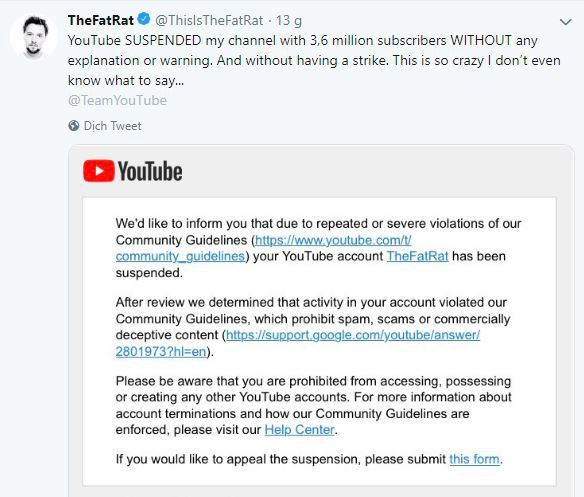 Thông báo đầy phẫn nộ của TheFatRat trên trang Twitter cũng như Facebook cá nhân trước thông báo đình chỉ kênh từ YouTube