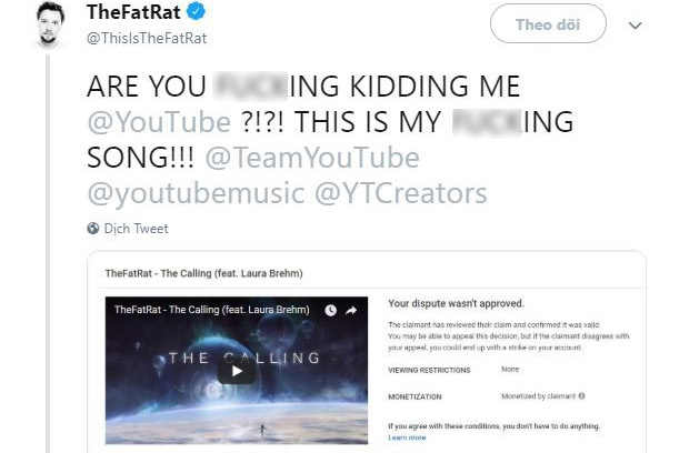 Vào tháng 12/2018, TheFatRat đã bị nền tảng này cảnh báo bản quyền