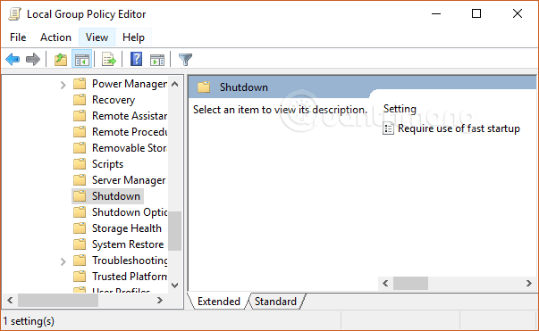 Computer Configuration > Administrative Templates > Systems > Shutdown > "Require use of fast startup" Điều hướng Group Policy Editor như yêu cầu