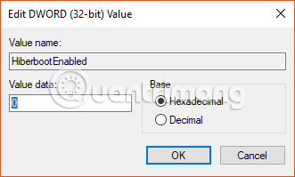 Nhập giá trị Value Data Đặt giá trị HiberbootEnabled là 0