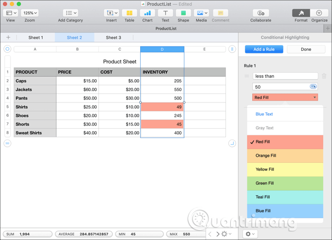 Tô đỏ các ô có giá trị nhỏ hơn 50