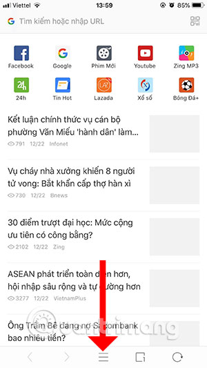 Mở menu cài đặt UC Browser