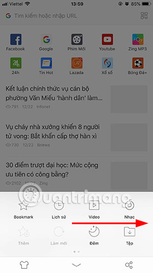 Mở rộng menu cài đặt UC Browser