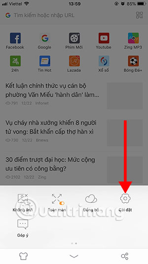 Menu cài đặt UC Browser