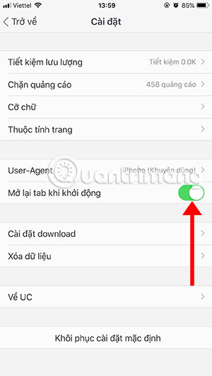 Menu cài đặt UC Browser