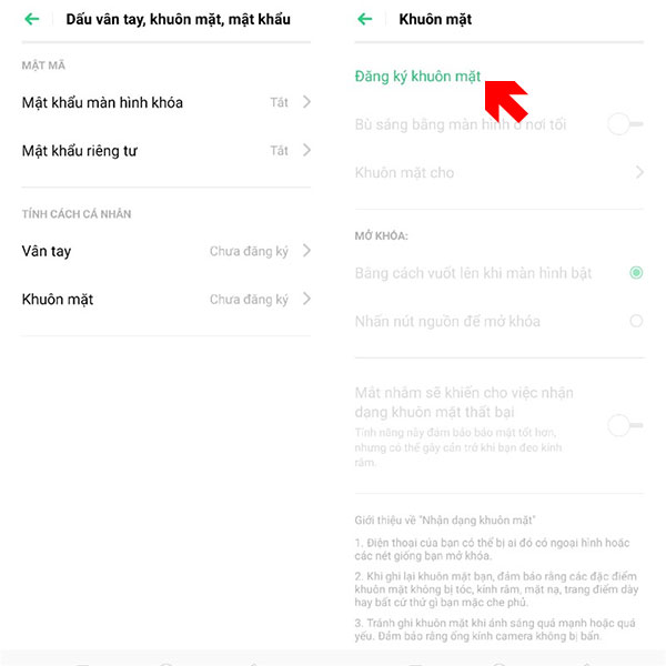 Đăng ký mở khóa khuôn mặt