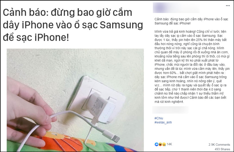 Một bài đăng về việc cắm sạc iPhone với củ sạc Samsung để sạc iPhone trên Facebook