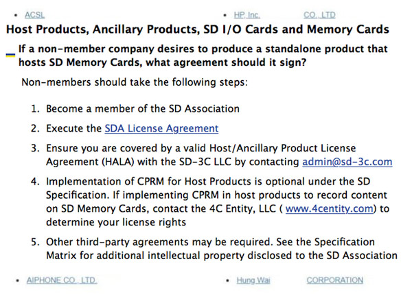 Theo quy định của SD Association, bước đầu tiên để có thể sản xuất sản phẩm có thể đọc/ghi thẻ nhớ SD là phải trở thành thành viên của hiệp hội này
