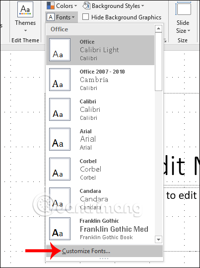 Chọn kiểu font slide master