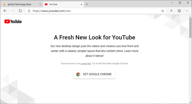Người dùng Microsoft Edge vẫn có thể truy cập YouTube, nhưng đó chỉ là phiên bản cũ