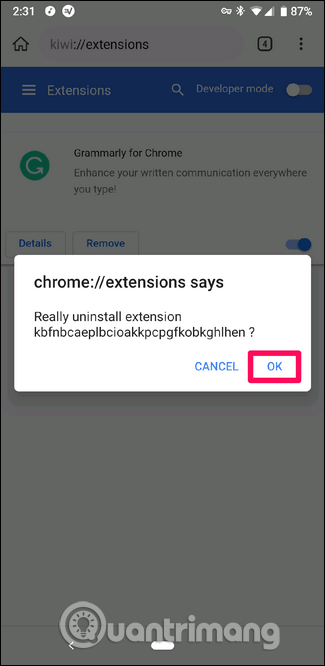 Xác nhận xóa extension