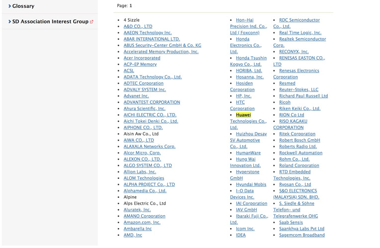 Hiện tại, trên website của hiệp hội thẻ nhớ SD, cái tên Huawei đã xuất hiện trở lại